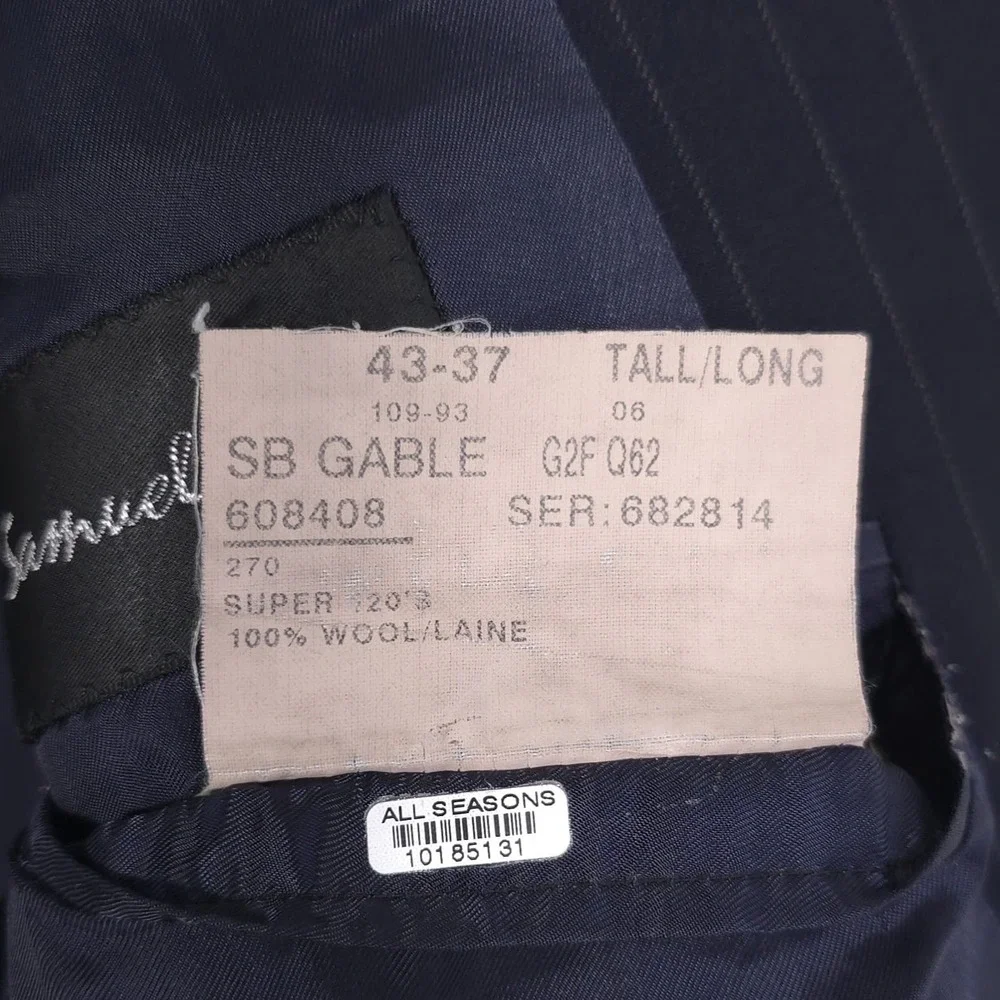 SAMUELSOHN HUBERT WHITE Mens Sport Coat Blazer 120s 100%WOOL 43L Navy UNION MADE